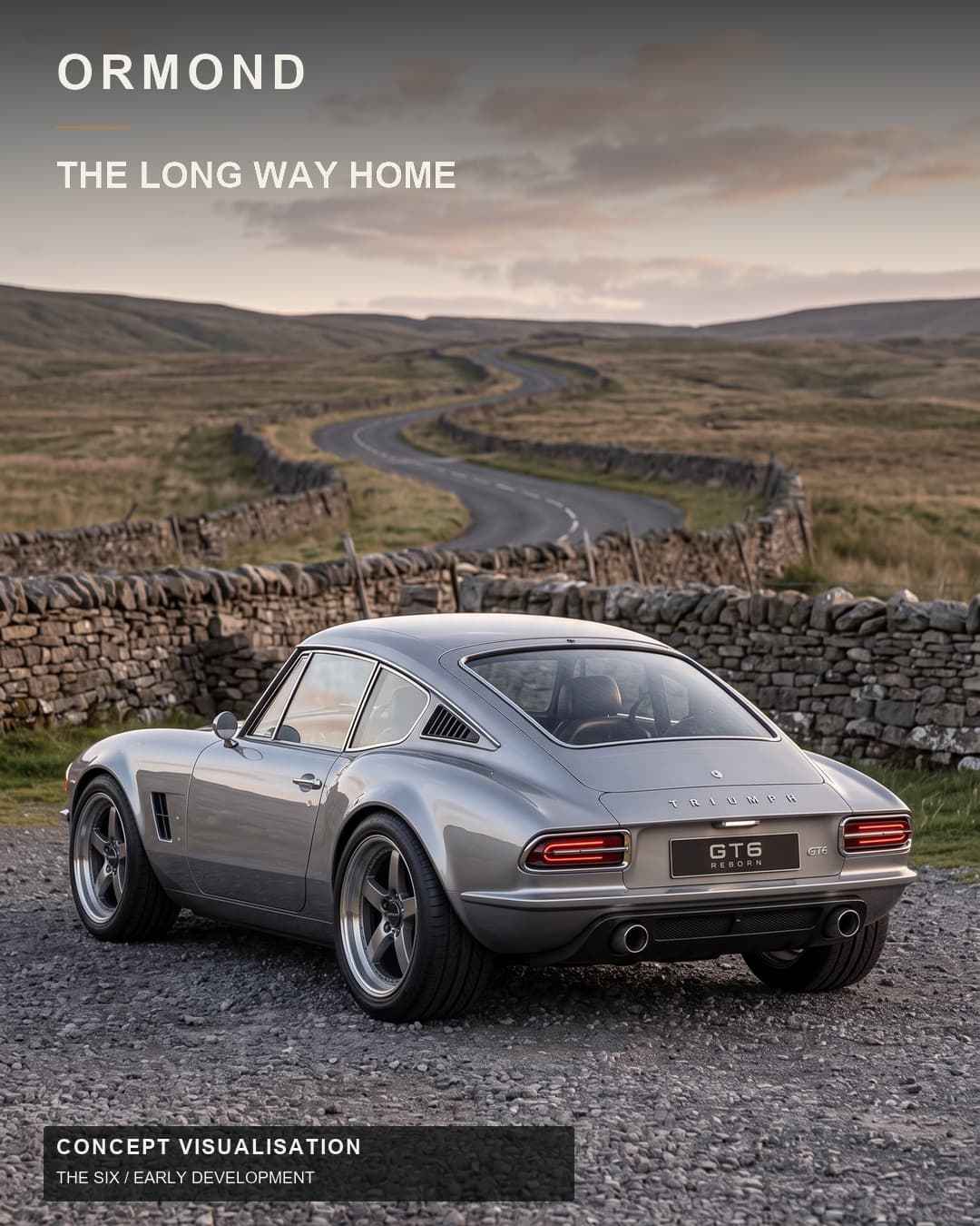 Silver GT6 concept beside a winding moorland road, from the Ormond Long Way Home campaign