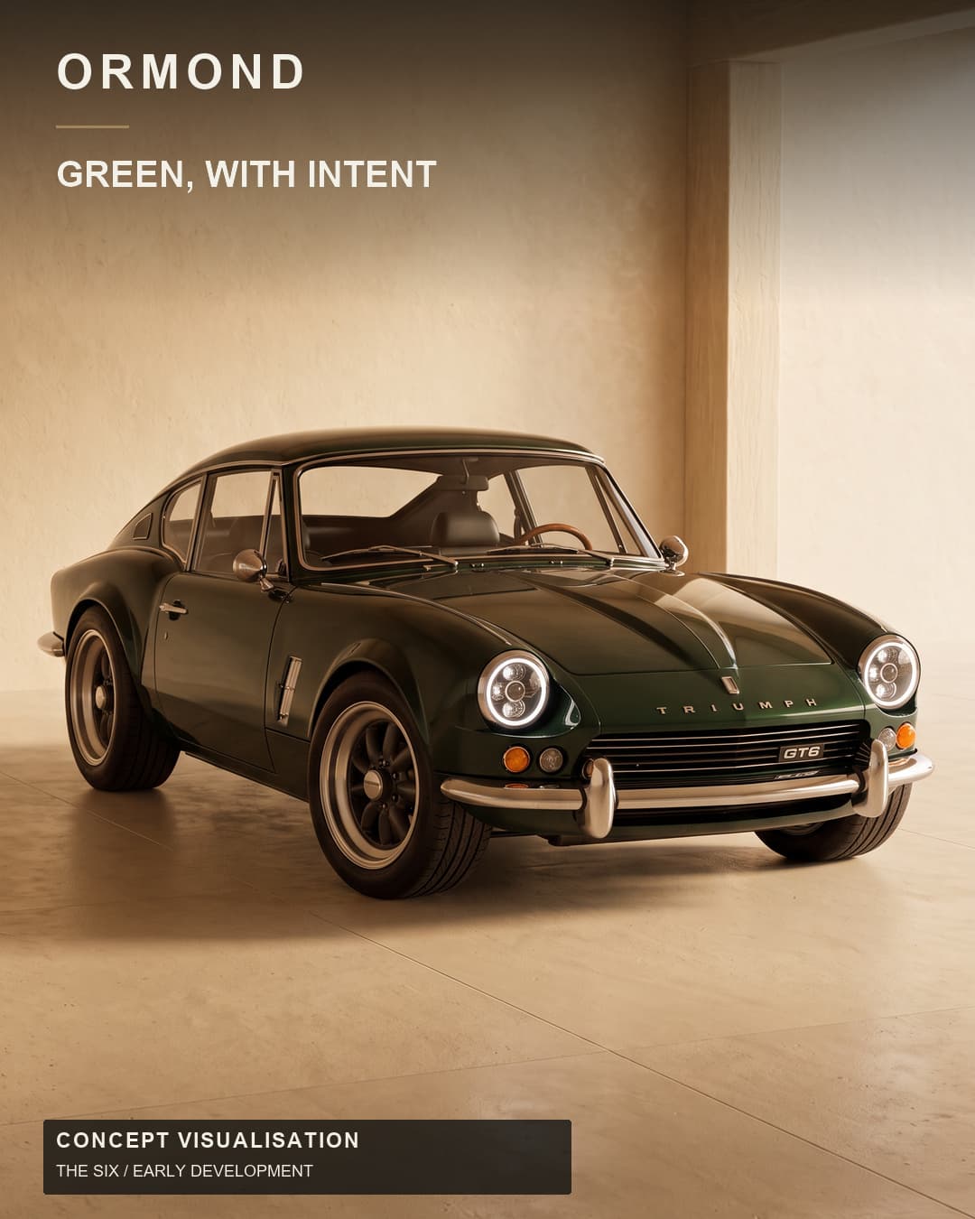 Green GT6 concept in warm studio light, from the Ormond Green With Intent campaign